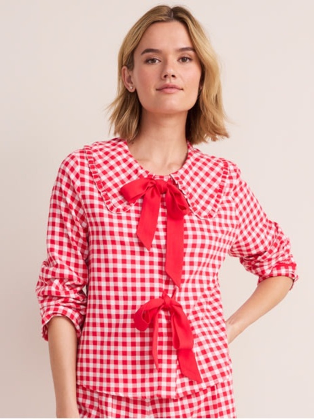 Francesca’s Kelly Gingham Bow Flannel Pajama Top